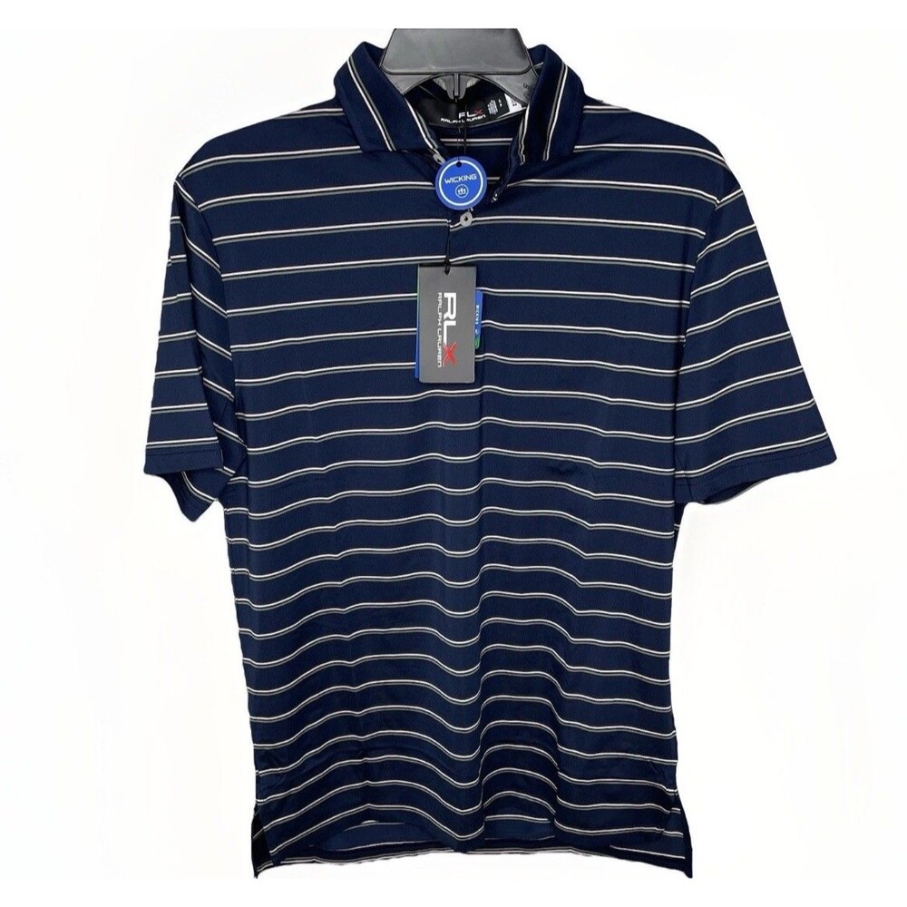 RLX Ralph Lauren Men Small Wicking Performance Blue Striped Golf Polo Shirt New